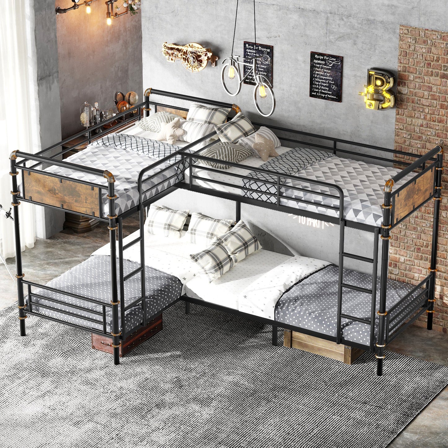 Quad Bunk Bed for 4 Kids, Heavy Duty Metal Twin Bunk Bed Frame, Detachable Triple Bunk Bed, Can Be Divided Into 3 Twin Beds, Black (Old SKU W2580S00015)