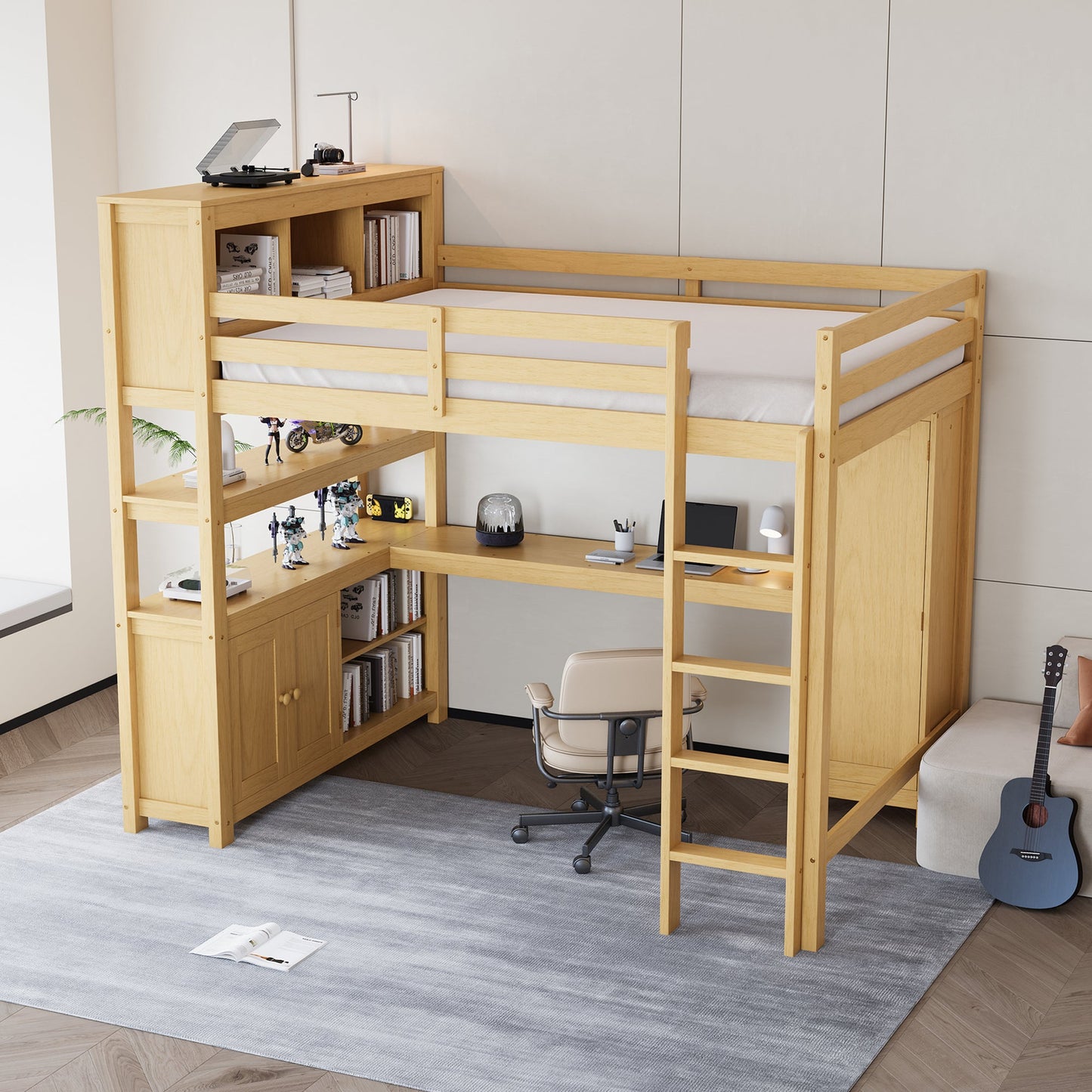 Wood Loft Bed with Cabinet and Bookshelf, Queen Size Loft with Wardrobe and Desk for Kids,Natural
