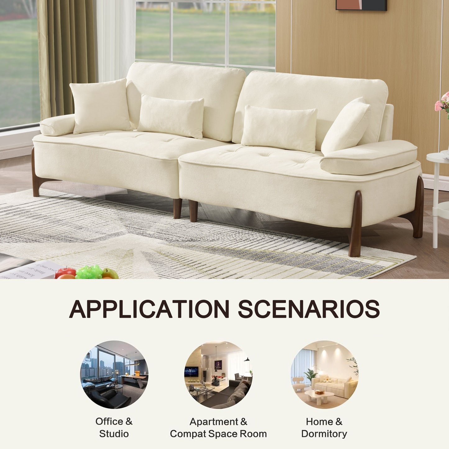 103 Inch Comfortable Deep Seated Sofa with Pillows in Beige Cloud Velvet Polyester for Bedroom, Living Room, Office