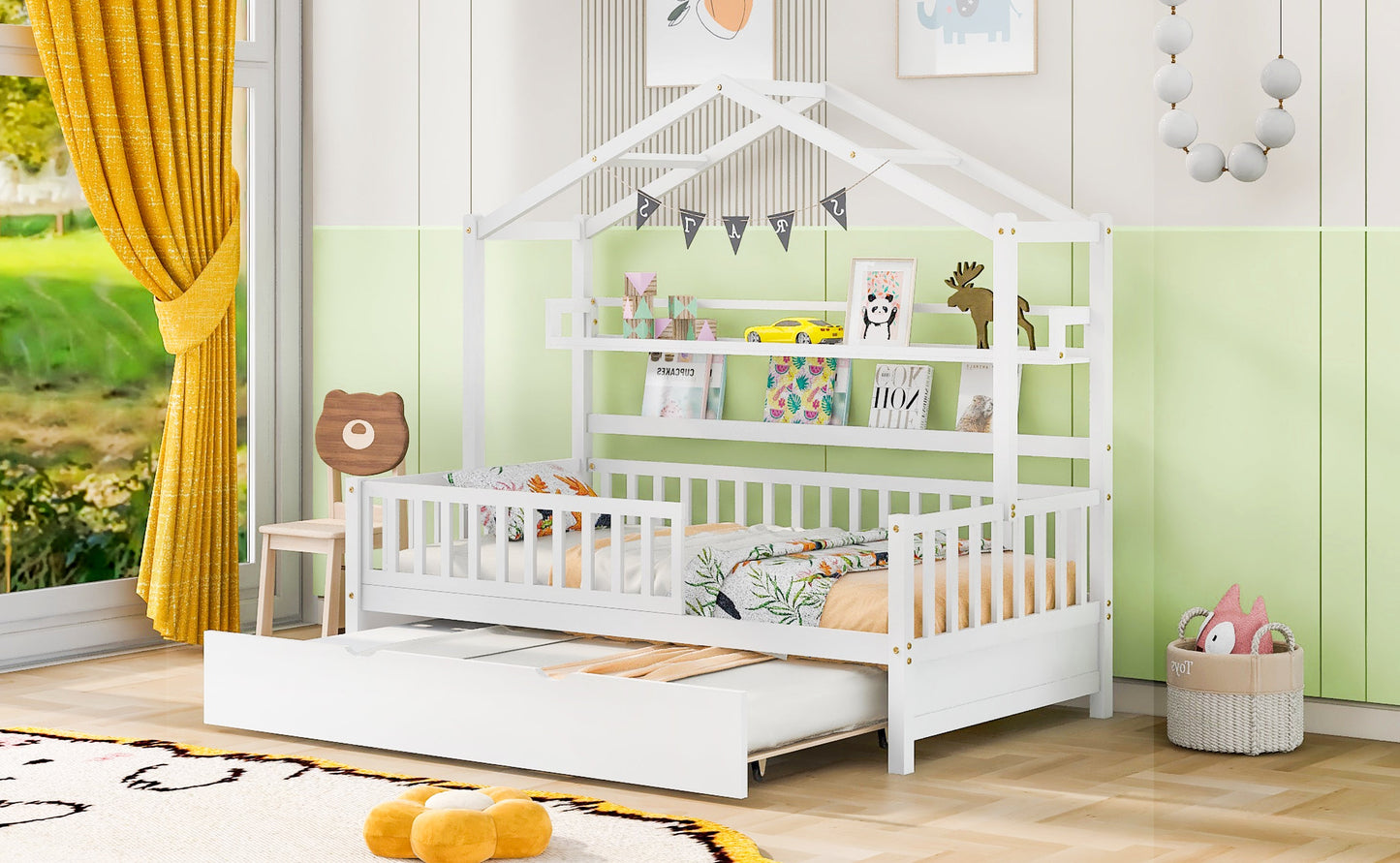 Wooden Twin Size House Bed with Trundle,Kids Bed with Shelf, White(Old SKU:WF301682AAK)