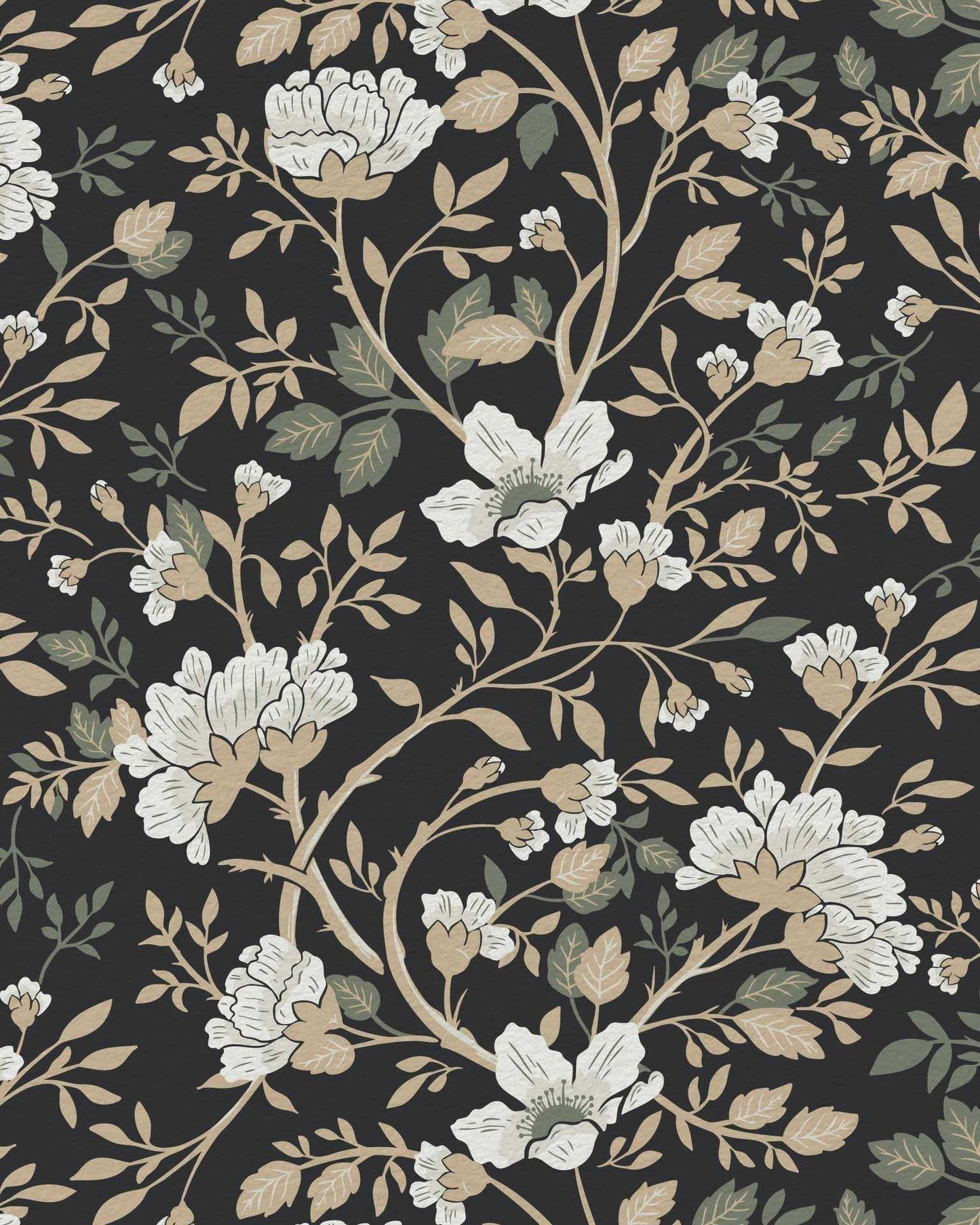 Camellia Study Wallpaper in Coal Cream Olive