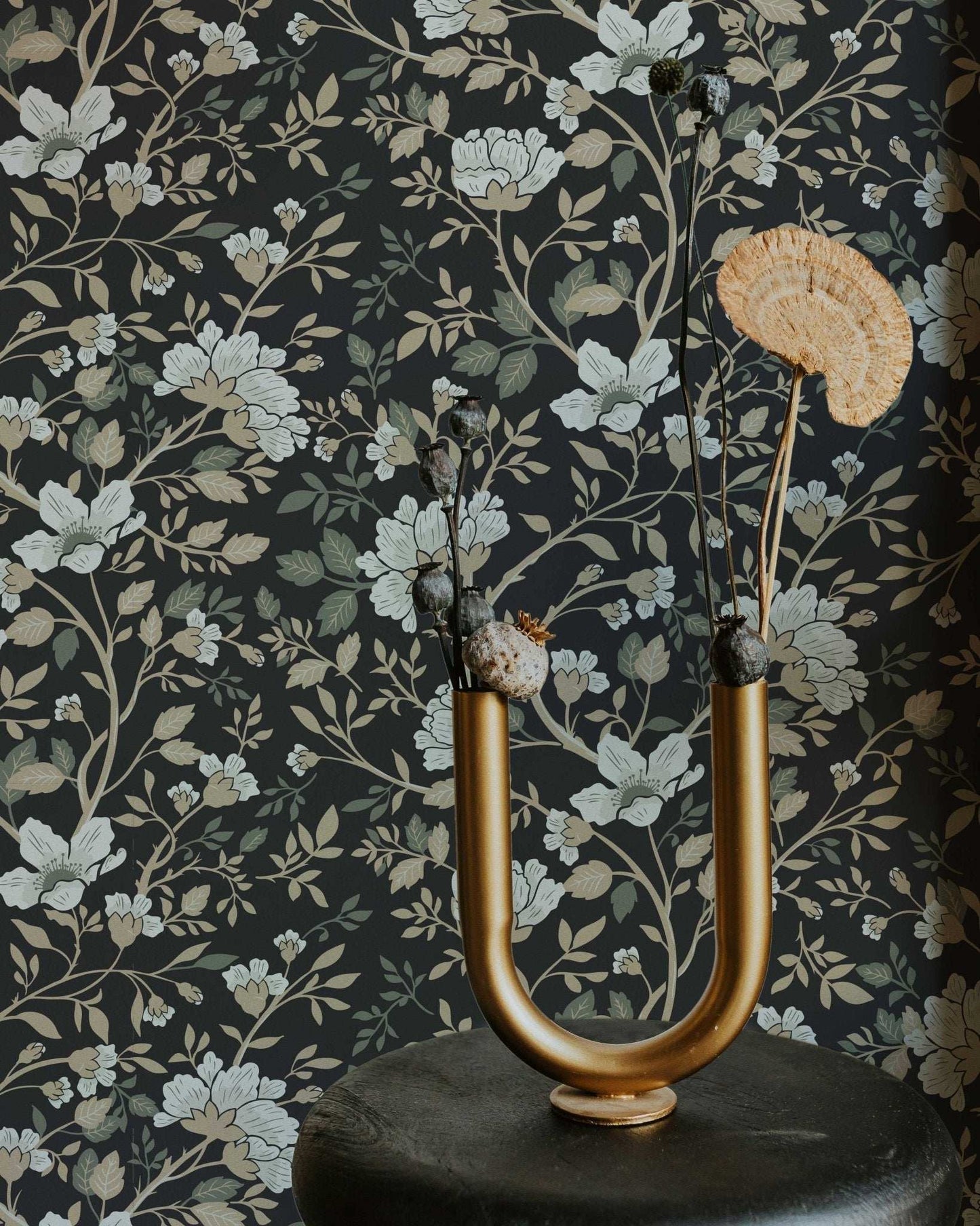 Camellia Study Wallpaper in Coal Cream Olive