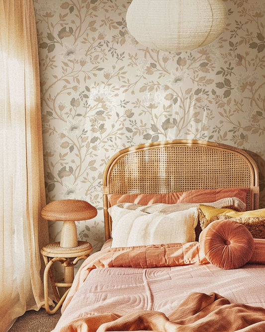 Camellia Study Wallpaper in Natural Linen
