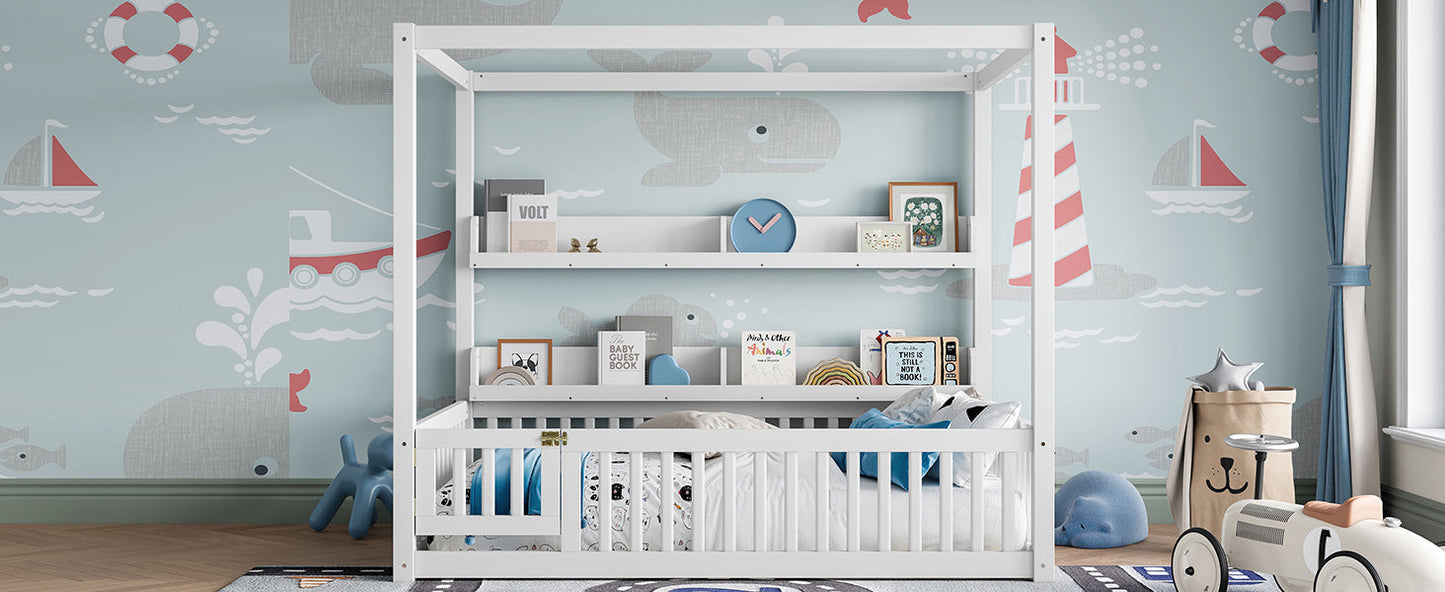 Full Size Canopy Bed with Guardrails, Solid Wood Floor Bed with Shelves, Montessori Floor Bed Frame for Kids, Boys, Girls, No Spring Box Needed, White