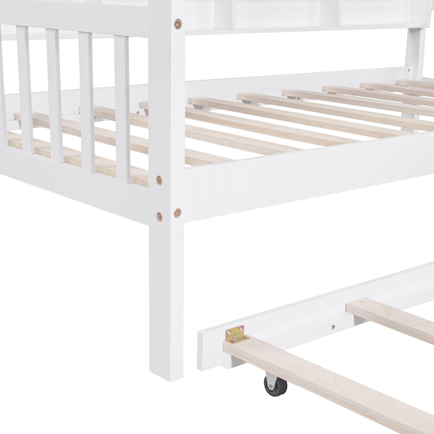 Wooden Twin Size House Bed with Trundle,Kids Bed with Shelf, White (Old SKU: WF297071AAK)