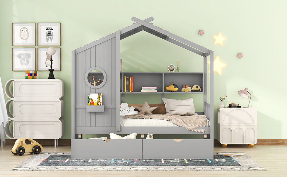Wooden Twin Size House Bed with 2 Drawers,Kids Bed with Storage Shelf, Gray(Old SKU: HL000051AAE)