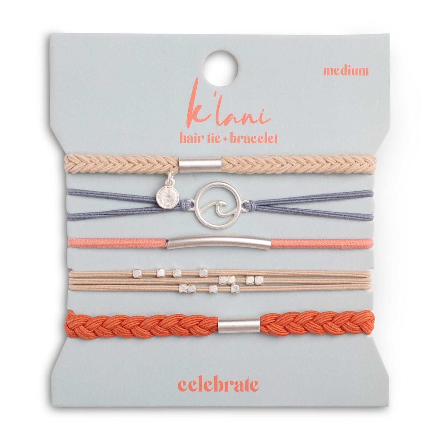 "Celebrate" Blues & Corals With Silver Wave Charm Hair Tie Bracelets