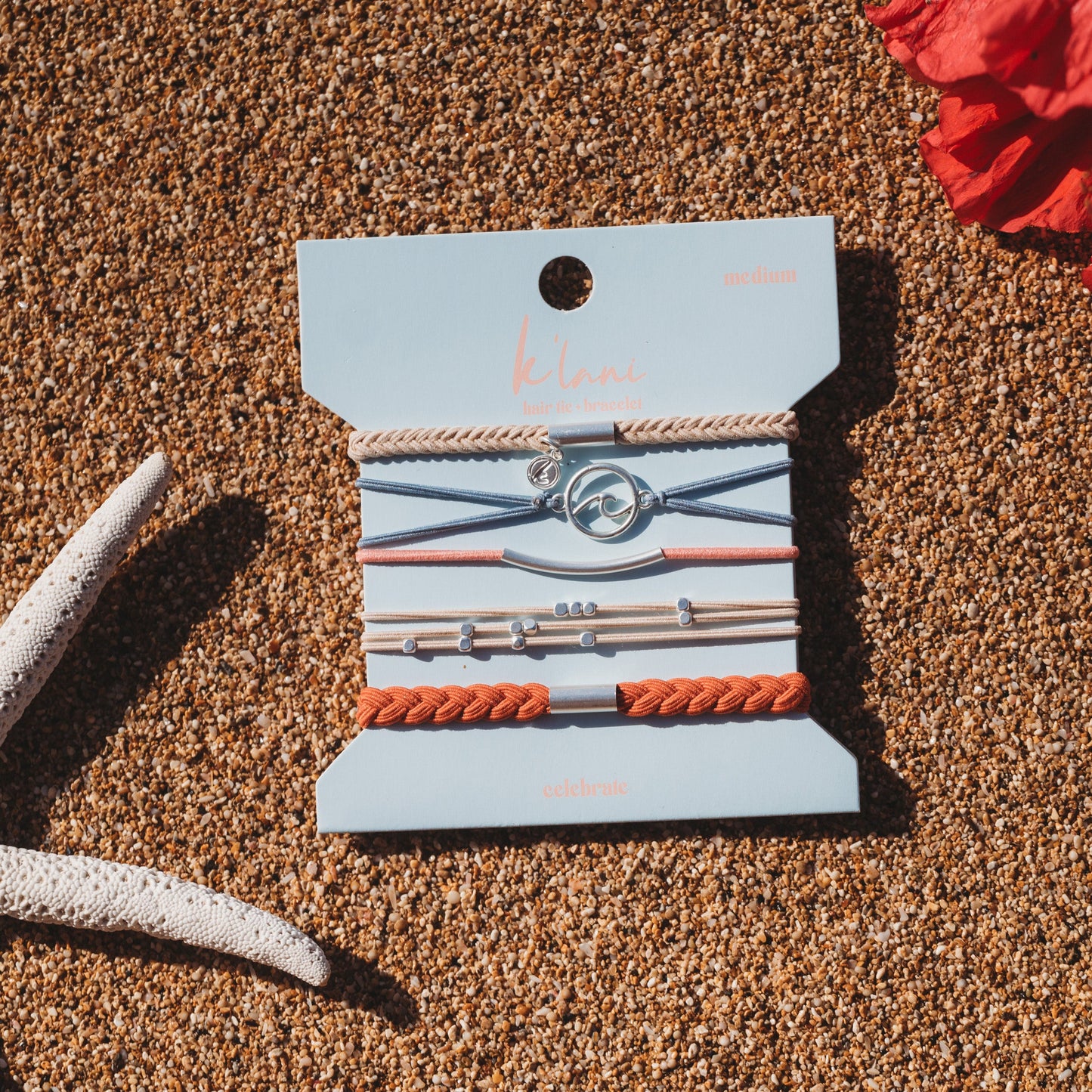 "Celebrate" Blues & Corals With Silver Wave Charm Hair Tie Bracelets