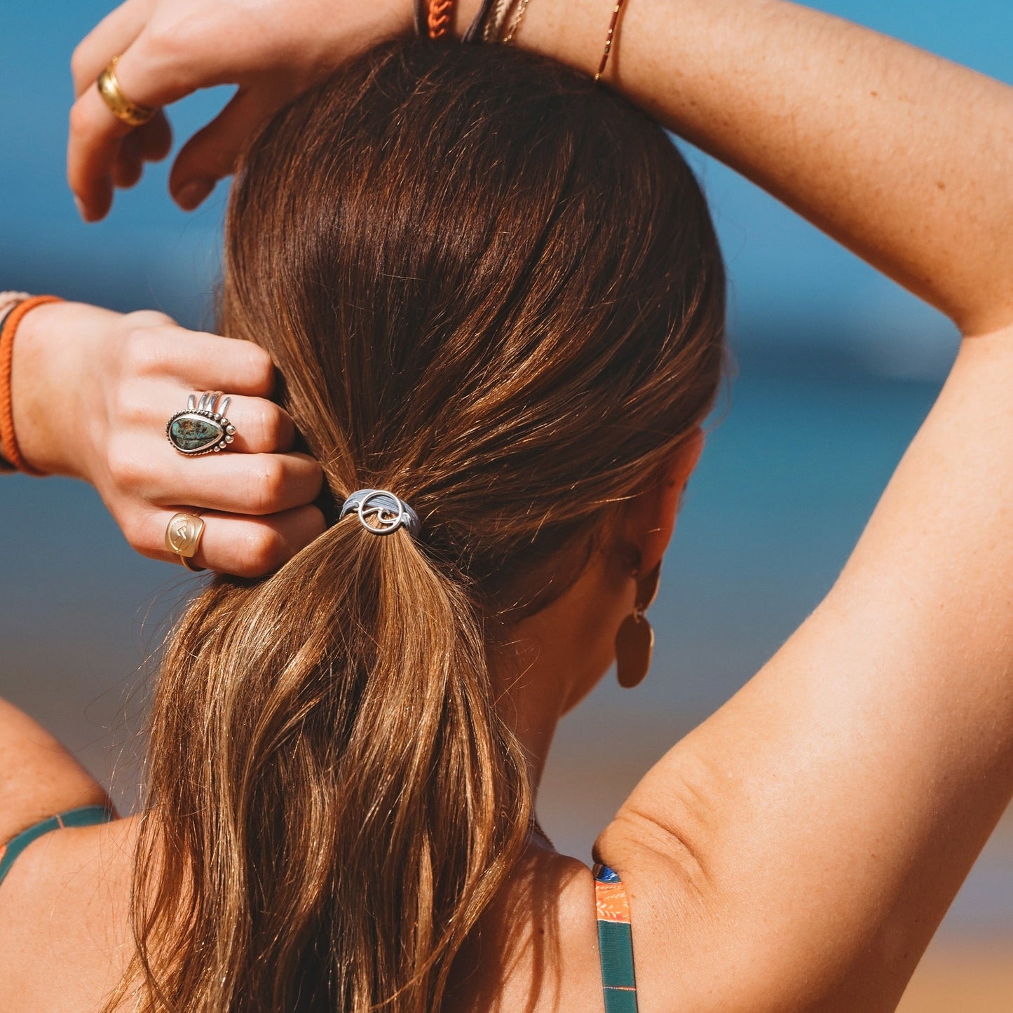 "Celebrate" Blues & Corals With Silver Wave Charm Hair Tie Bracelets