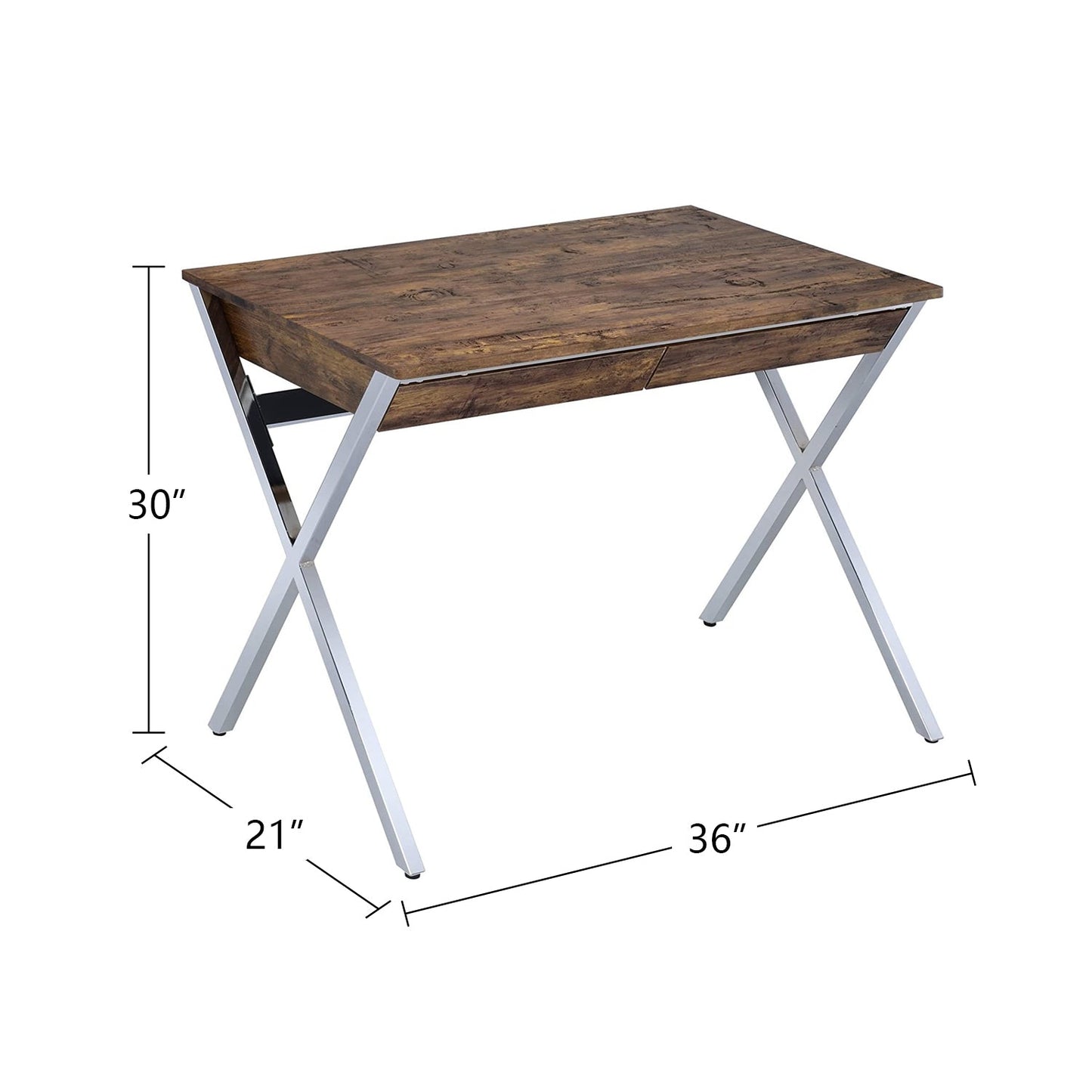 Rectangular Writing Desk with 2 Drawers, Weathered Oak and Chrome