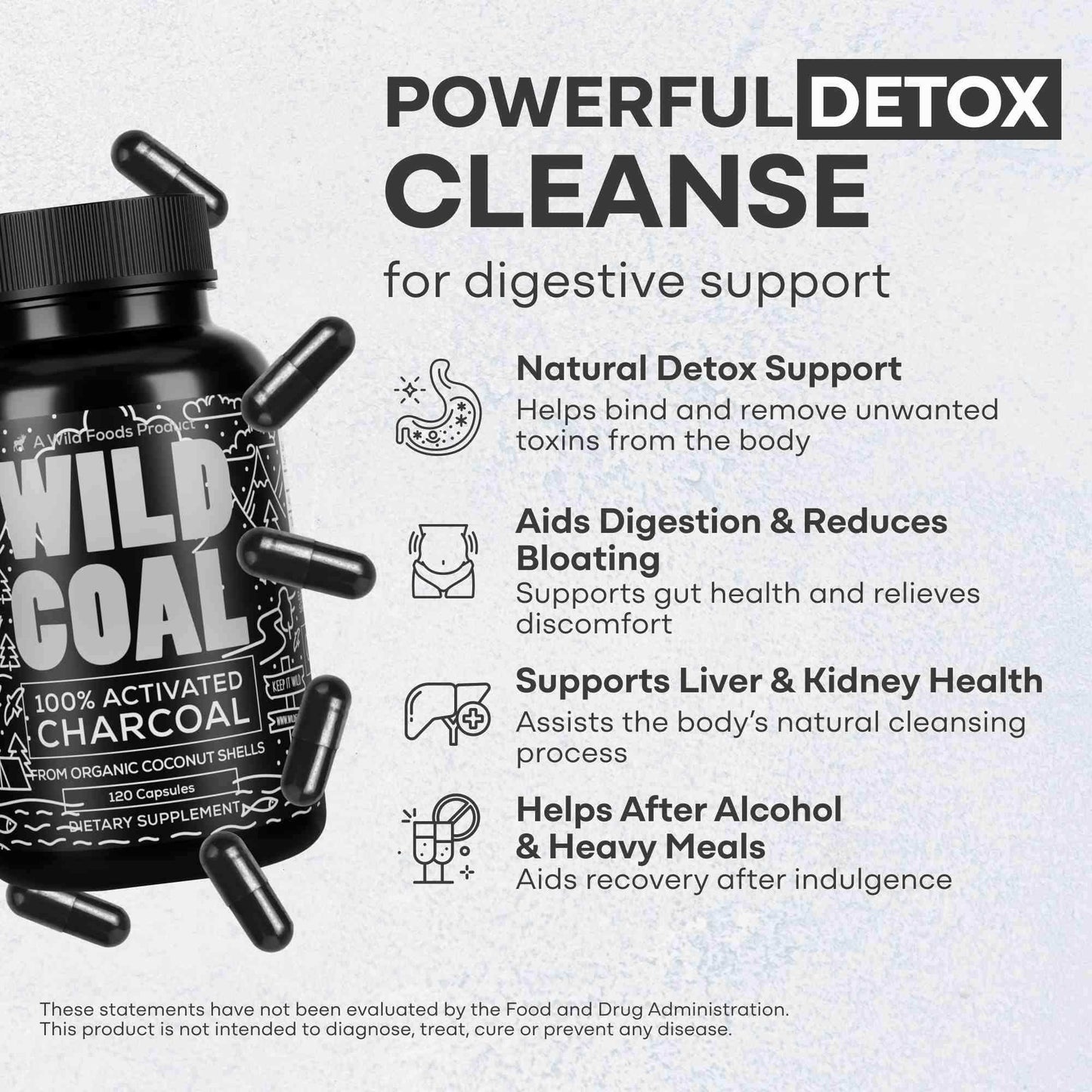 Activated Charcoal Capsules, 60 servings - Made from 100% Organic Coconuts