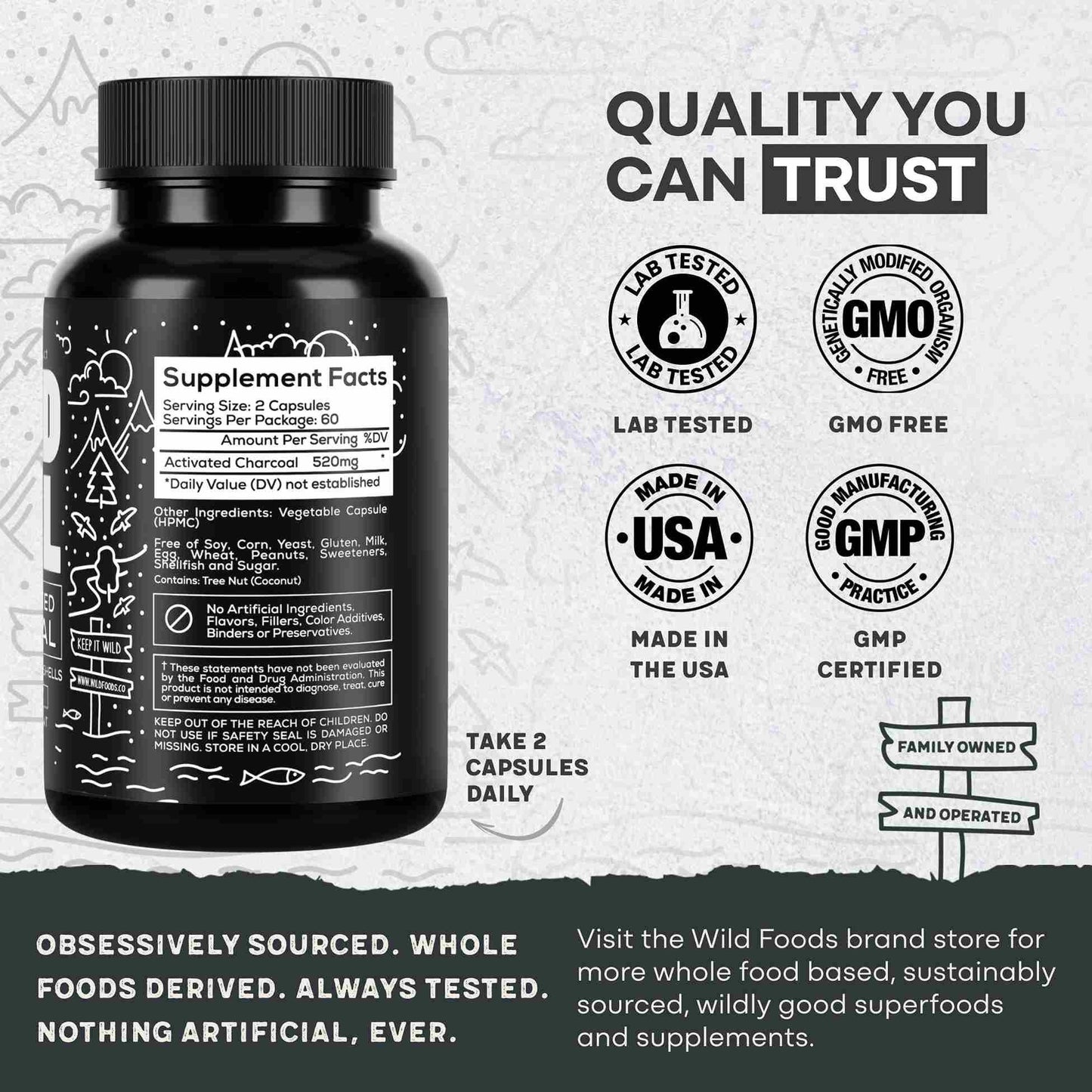 Activated Charcoal Capsules, 60 servings - Made from 100% Organic Coconuts