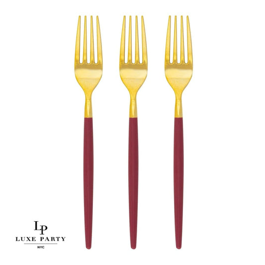 Chic Cranberry Red and Gold Plastic Forks | 32 Pieces
