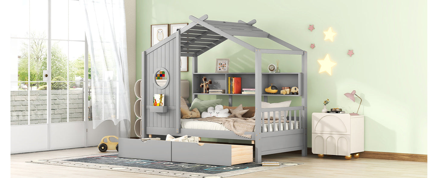 Wooden Twin Size House Bed with 2 Drawers,Kids Bed with Storage Shelf, Gray(Old SKU: HL000051AAE)