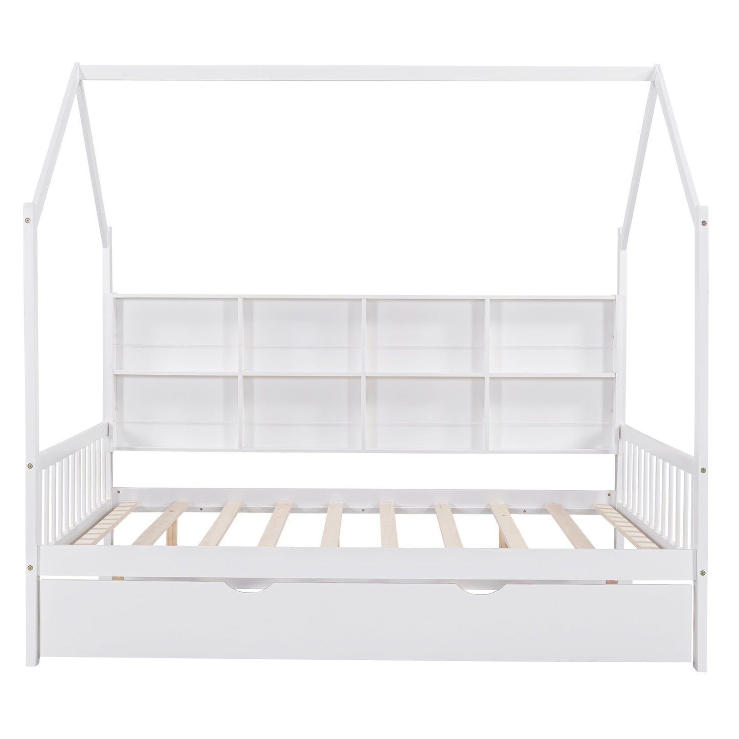 Wooden Full Size House Bed with Trundle,Kids Bed with Shelf, White (Old SKU: WF297070AAK)