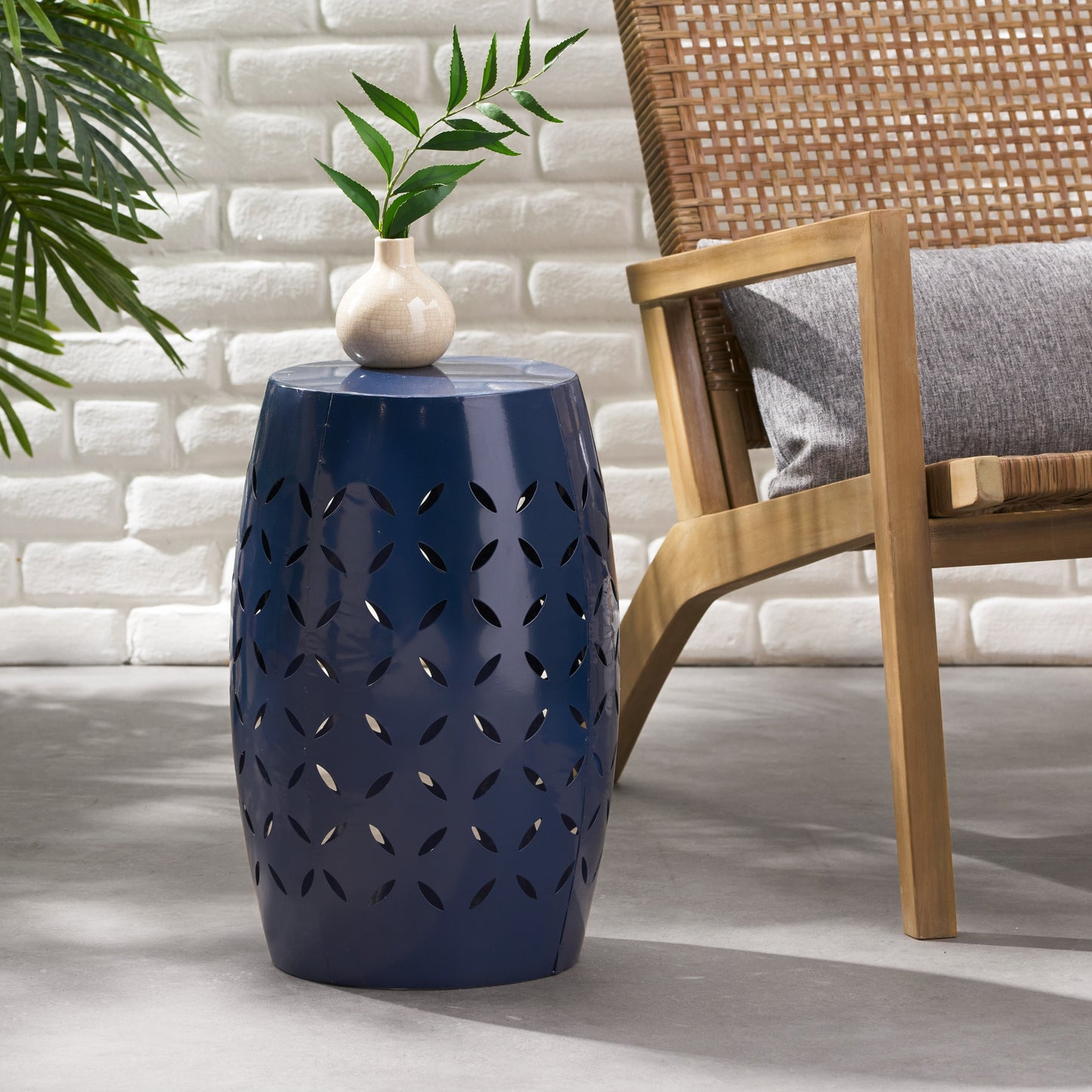 12' Outdoor Lace-Cut Side Table, Navy Blue