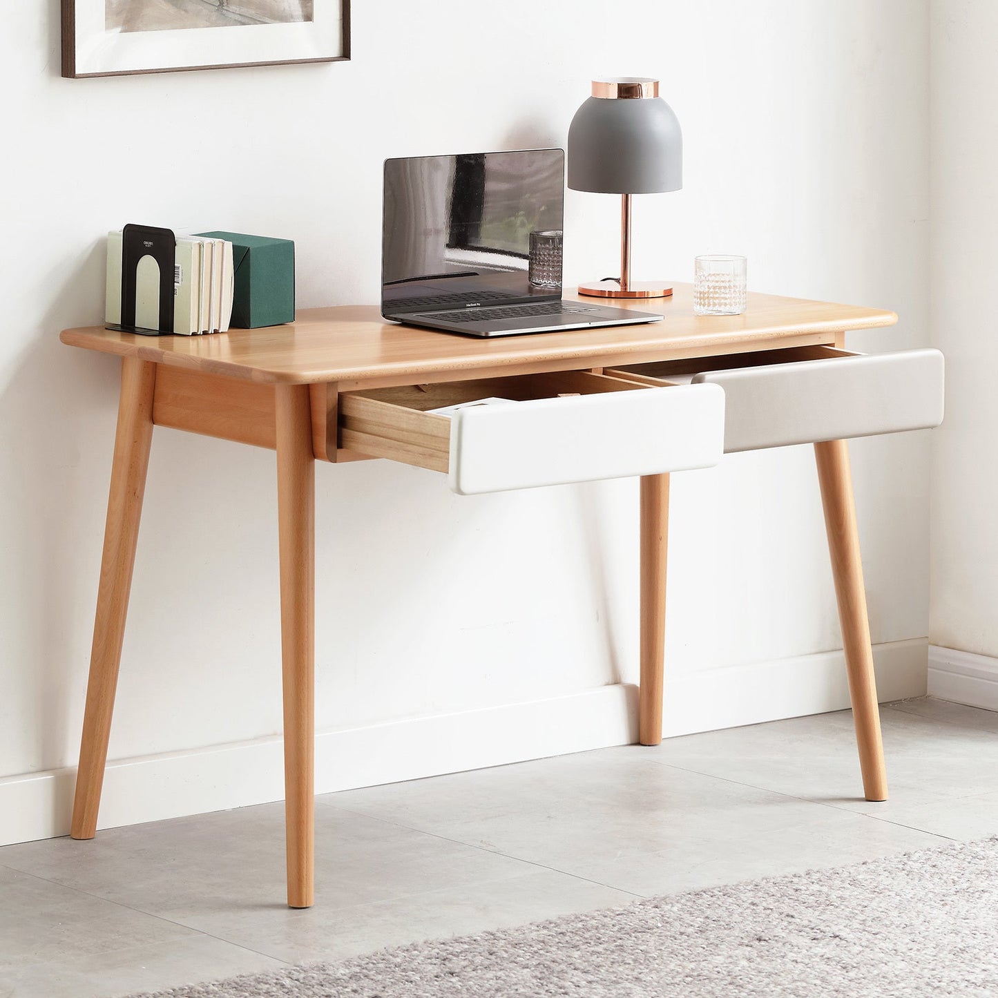 Modern Simple Style Solid Wood Computer Desk with 2 Drawers and Gap Design in Beech, 47''