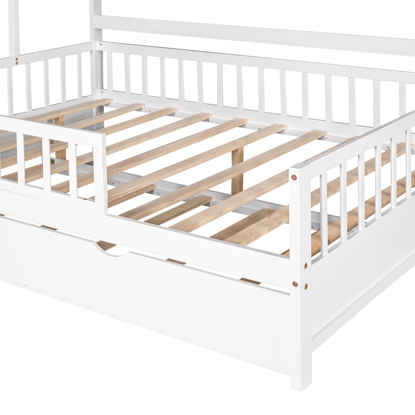 Wooden Full Size House Bed with Twin Size Trundle,Kids Bed with Shelf, White(Old SKU:WF301683AAK)