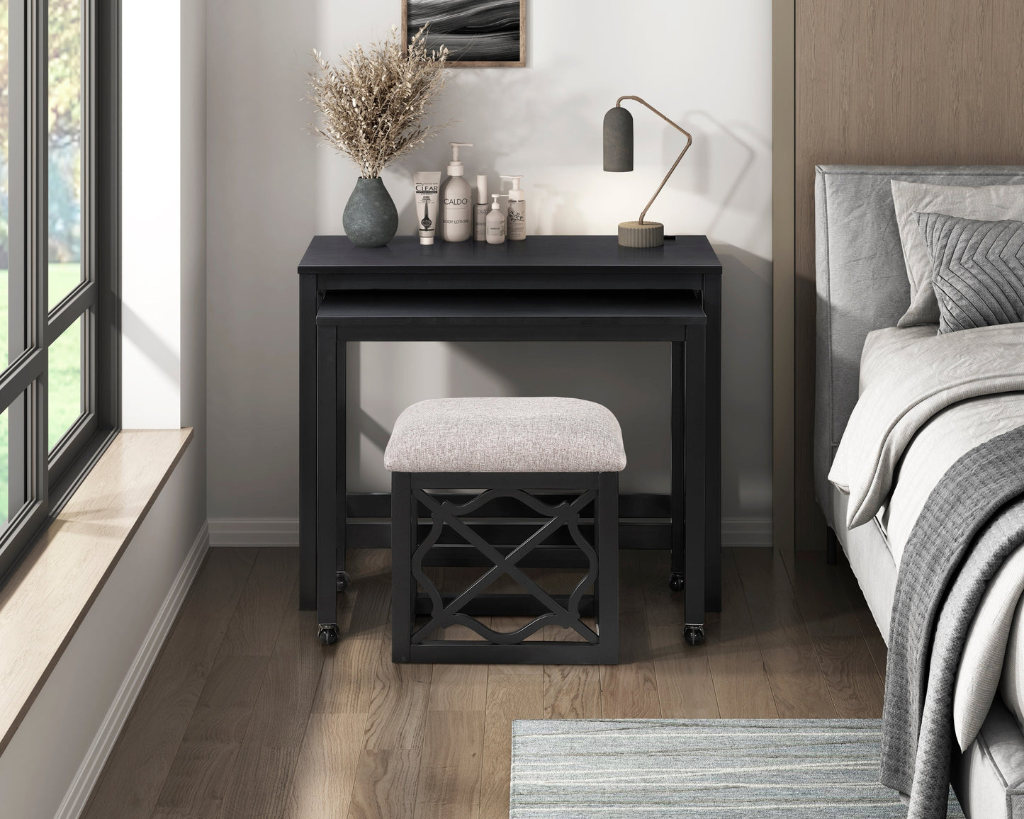 Desks and Stool Set 3pc Black Finish Rolling Desk with Casters, 2 Charging ports Home Office Furniture