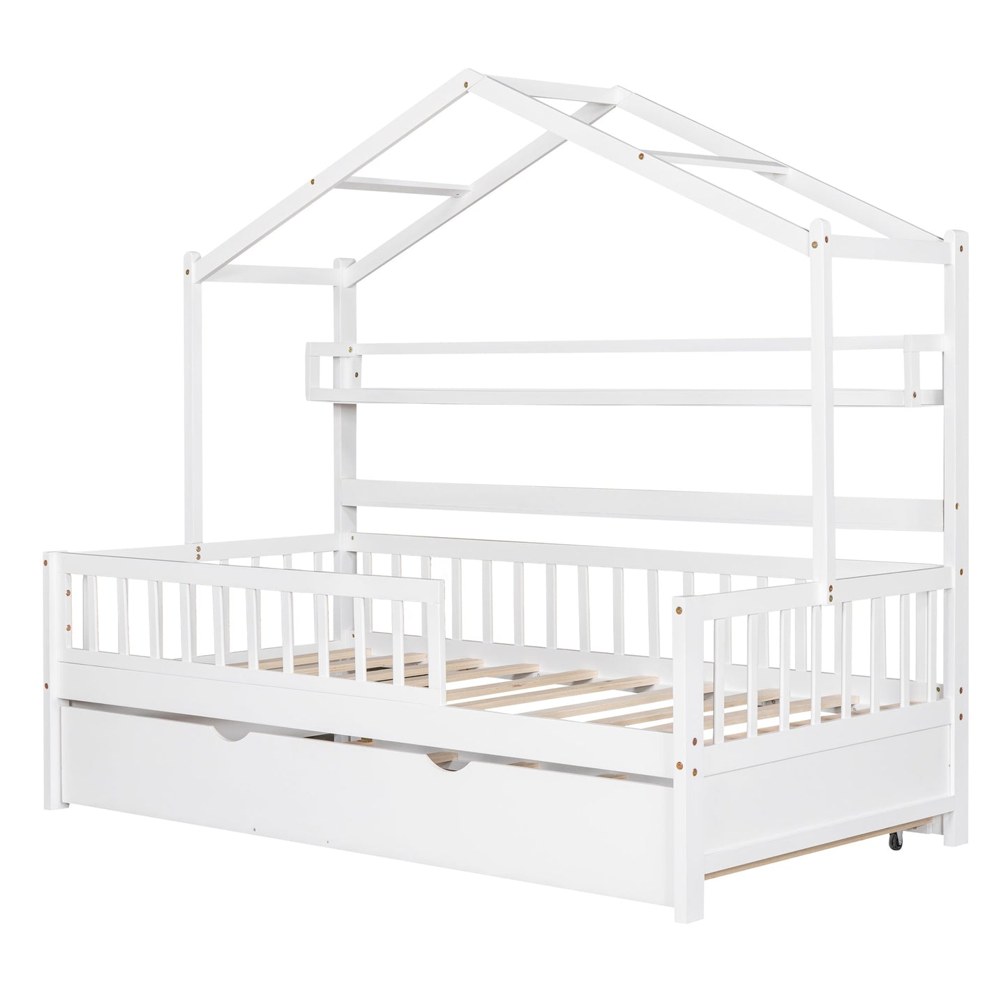 Wooden Twin Size House Bed with Trundle,Kids Bed with Shelf, White(Old SKU:WF301682AAK)