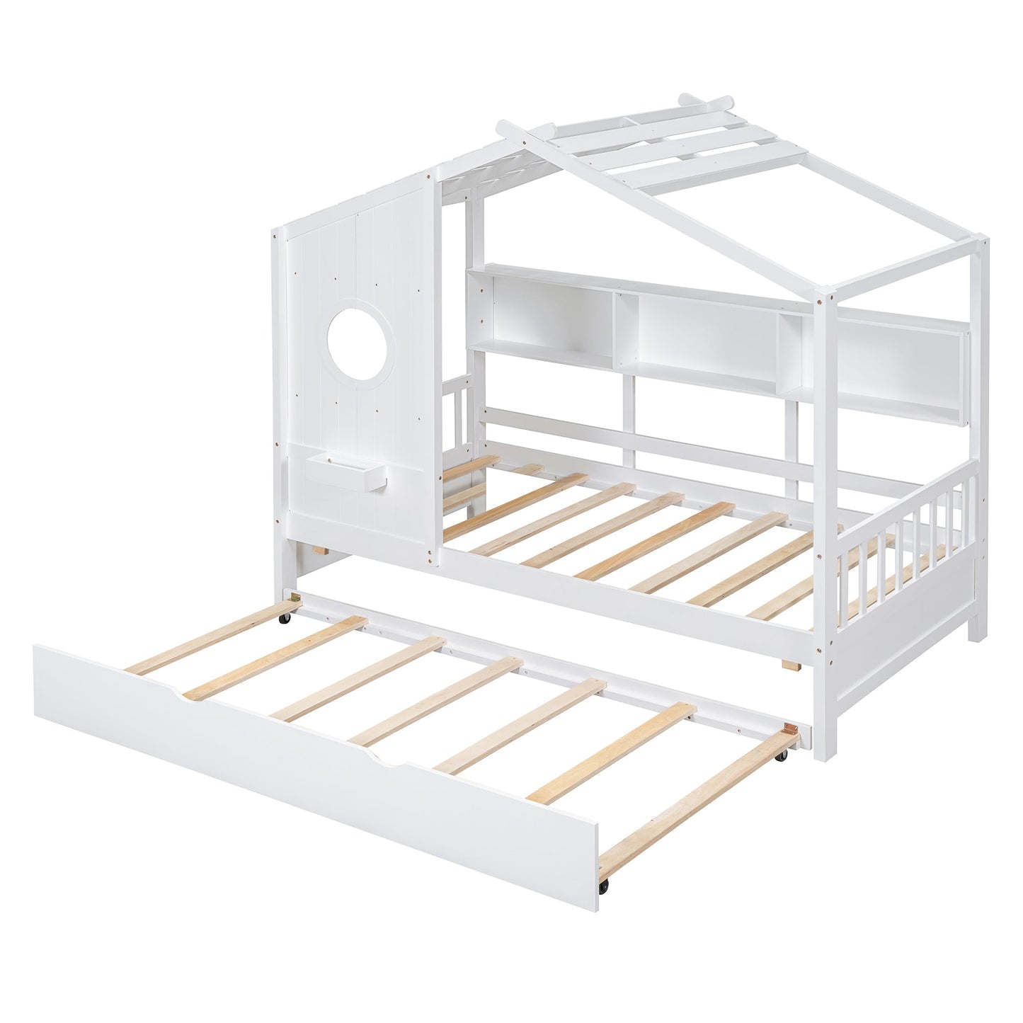 Wooden Twin Size House Bed With Trundle, Modern Design for Kids with Storage Shlef, White(old SKU HL000094AAK)