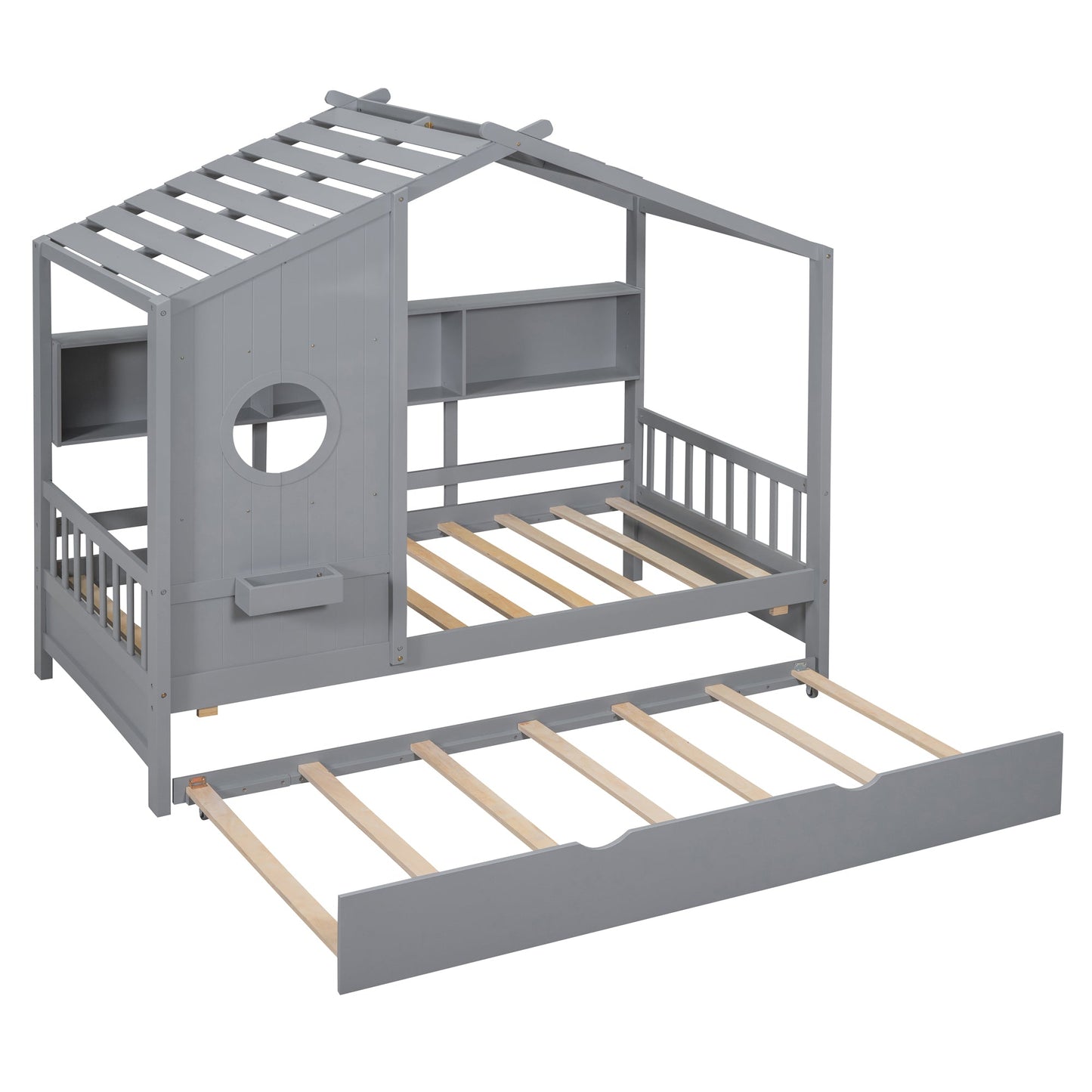 Wooden Twin Size House Bed With Trundle, Modern Design for Kids with Storage Shlef, Gray(old SKU HL000094AAE)