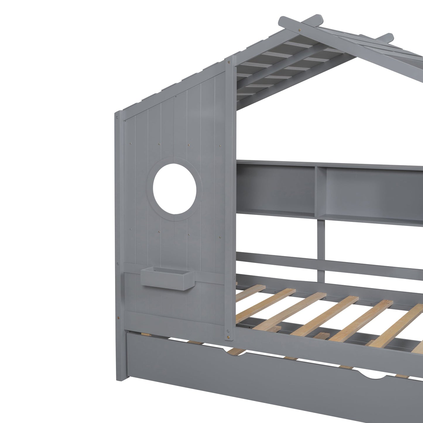 Wooden Twin Size House Bed With Trundle, Modern Design for Kids with Storage Shlef, Gray(old SKU HL000094AAE)