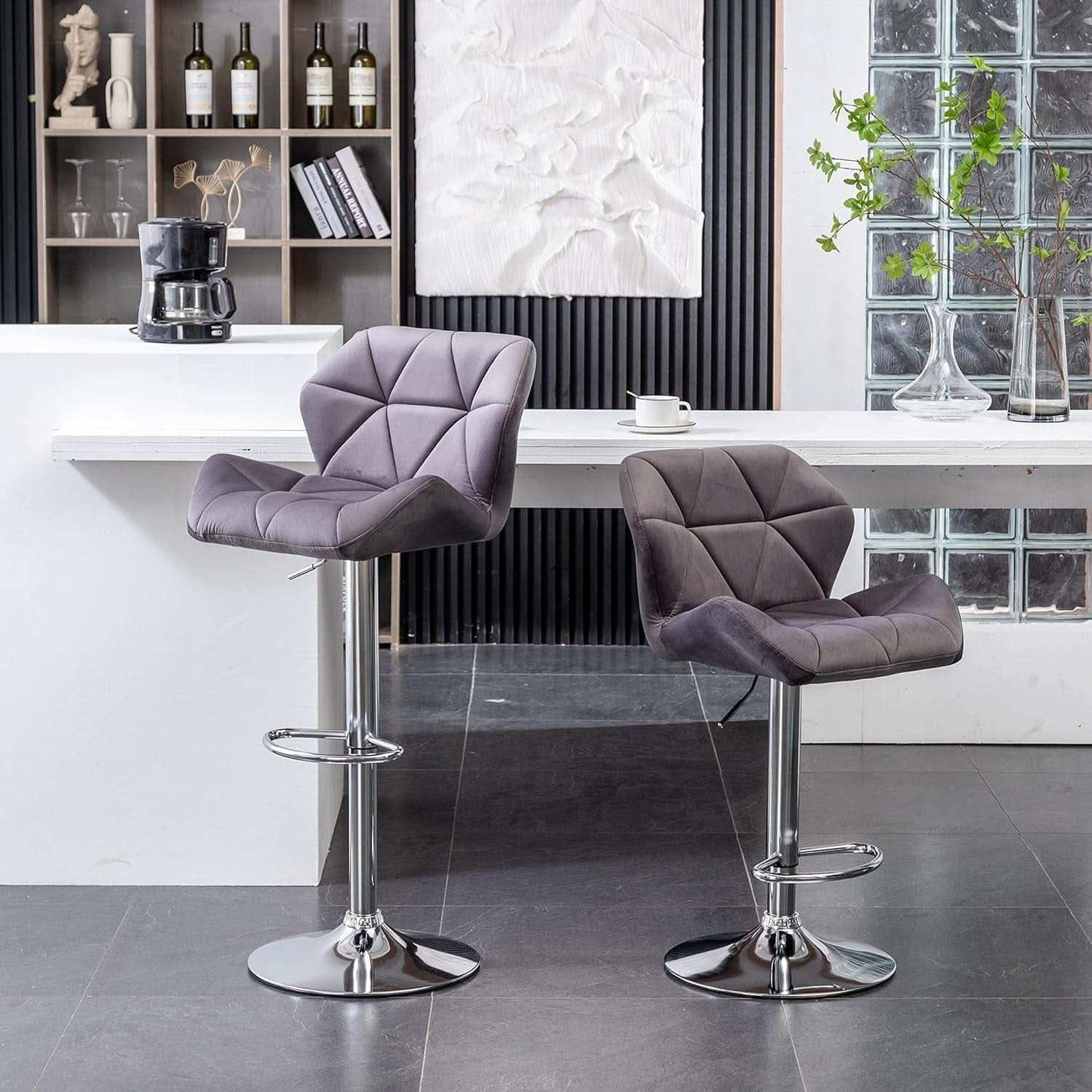 Breni Velvet Diamond Tufted Swivel Adjustable Height Bar Stool Set Of 2 Gray