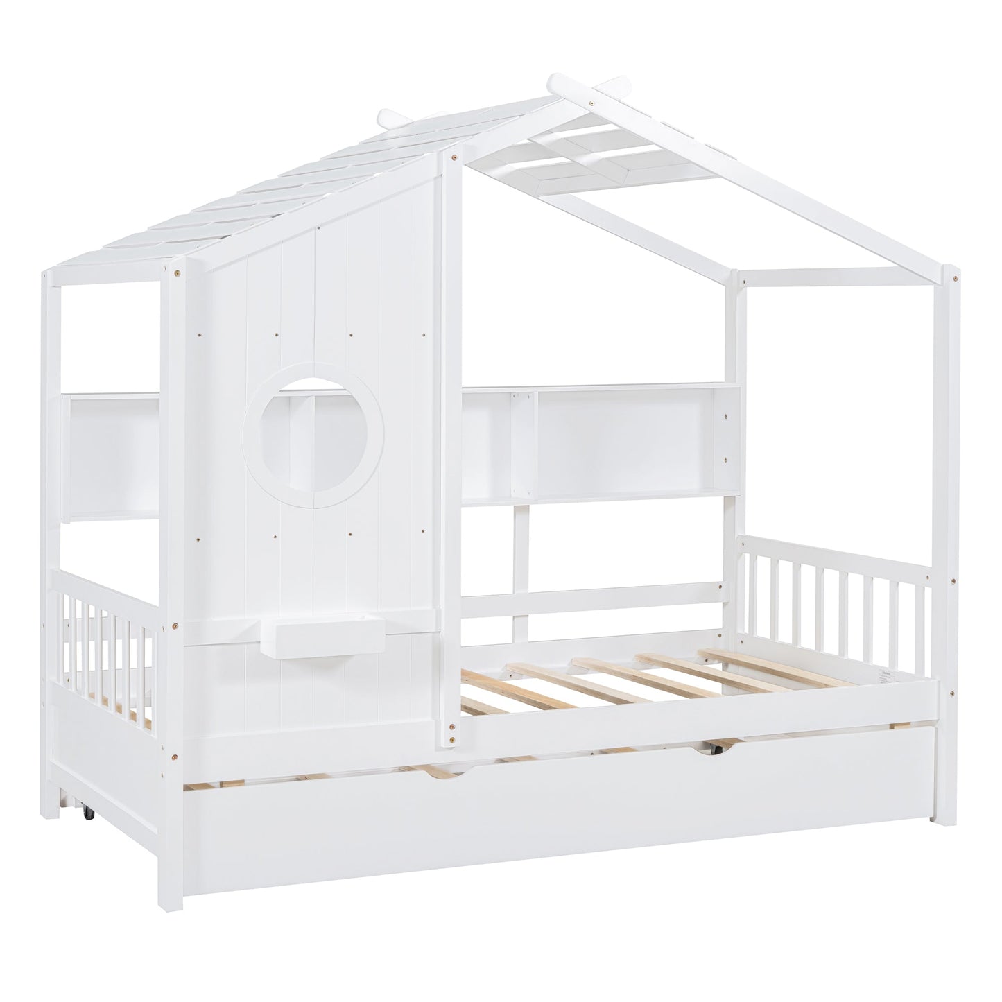 Wooden Twin Size House Bed With Trundle, Modern Design for Kids with Storage Shlef, White(old SKU HL000094AAK)