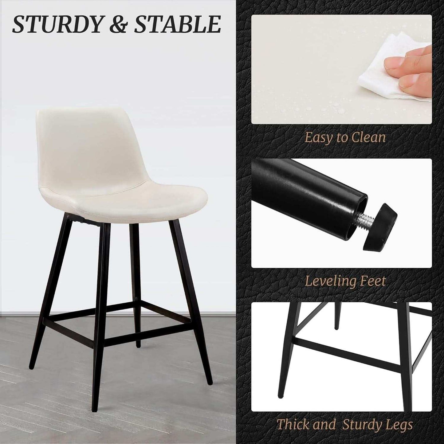 24 Inch Faux Leather Bar Stool Set of 3 With Back and Footrest, Antique White for Kitchen Island