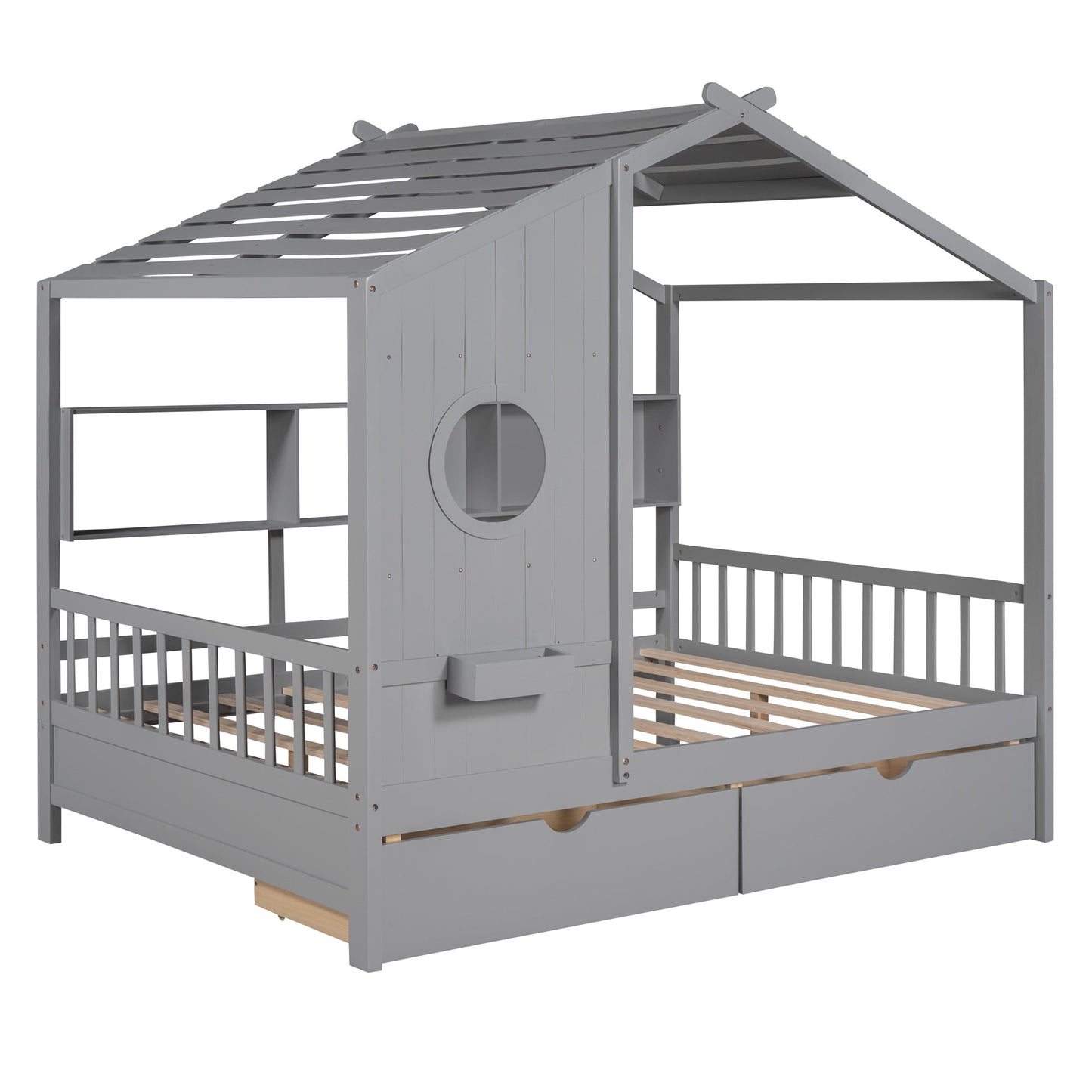Wooden Full Size House Bed with 2 Drawers,Kids Bed with Storage Shelf, Gray(Old SKU: HL000052AAE)