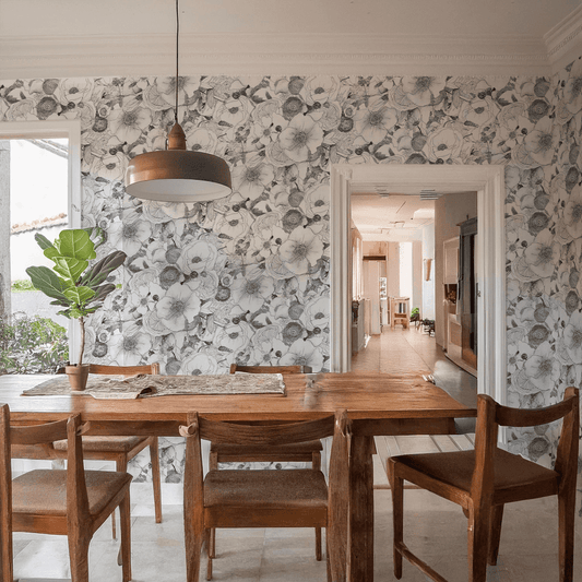 Floral Reverie Wallpaper, black and white