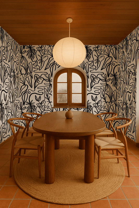 Inked Foliage Wallpaper, white and black