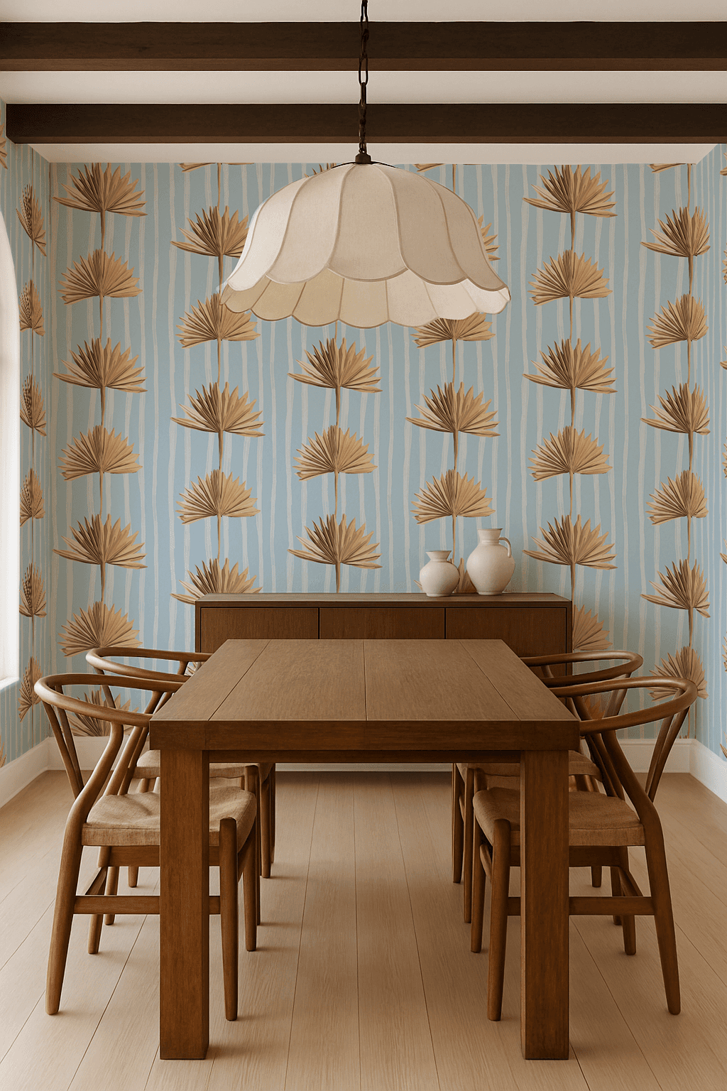 Stripey Palm Wallpaper, light blue and tan