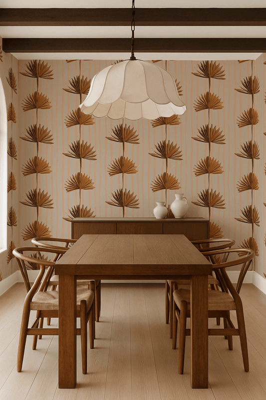 Stripey Palm Wallpaper, neutral peach and mustard