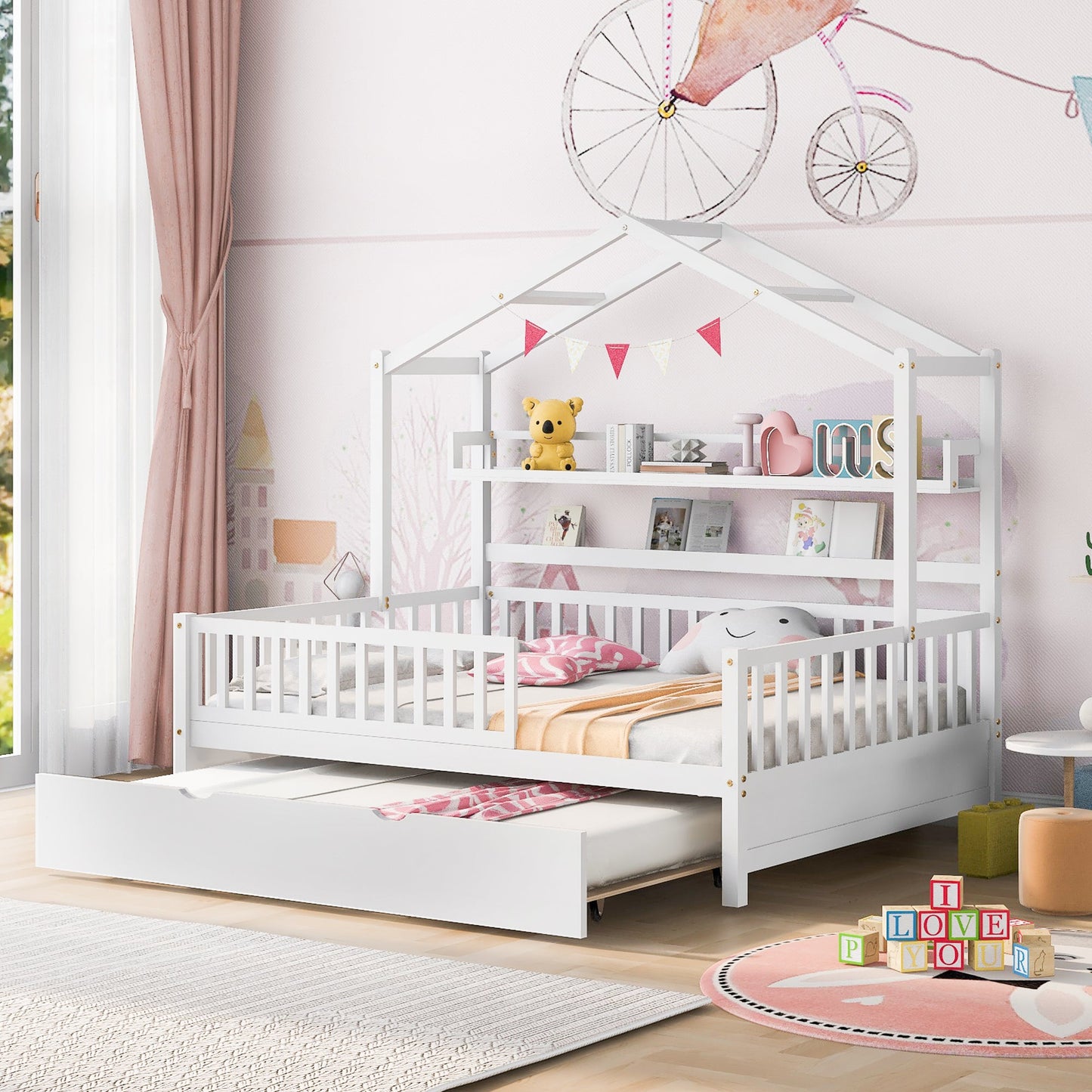 Wooden Full Size House Bed with Twin Size Trundle,Kids Bed with Shelf, White(Old SKU:WF301683AAK)