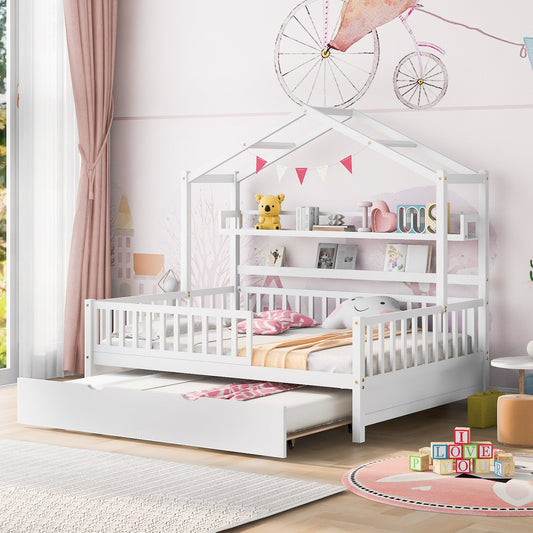 Wooden Full Size House Bed with Twin Size Trundle,Kids Bed with Shelf, White(Old SKU:WF301683AAK)