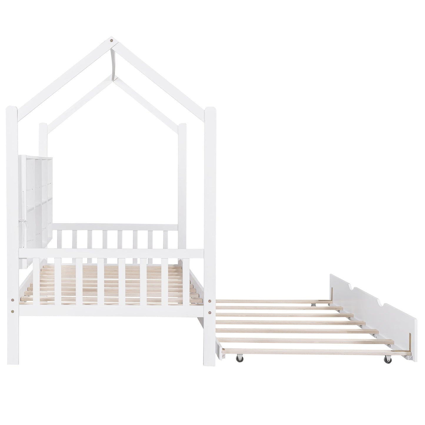 Wooden Twin Size House Bed with Trundle,Kids Bed with Shelf, White (Old SKU: WF297071AAK)