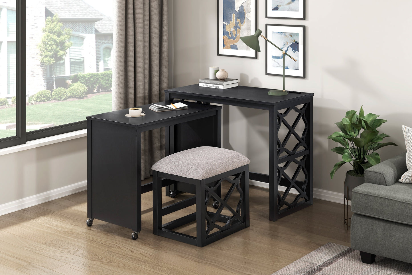Desks and Stool Set 3pc Black Finish Rolling Desk with Casters, 2 Charging ports Home Office Furniture