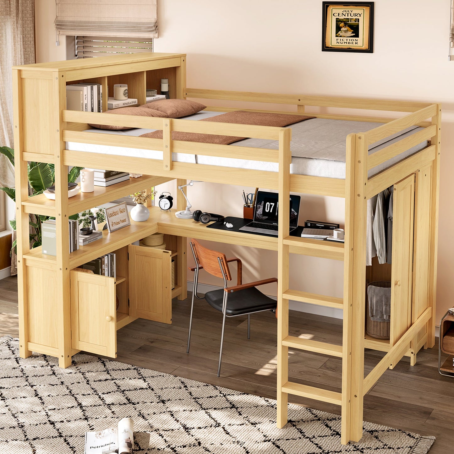 Wood Loft Bed with Cabinet and Bookshelf, Queen Size Loft with Wardrobe and Desk for Kids,Natural