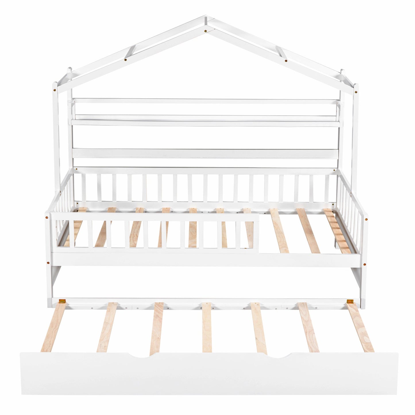 Wooden Twin Size House Bed with Trundle,Kids Bed with Shelf, White(Old SKU:WF301682AAK)