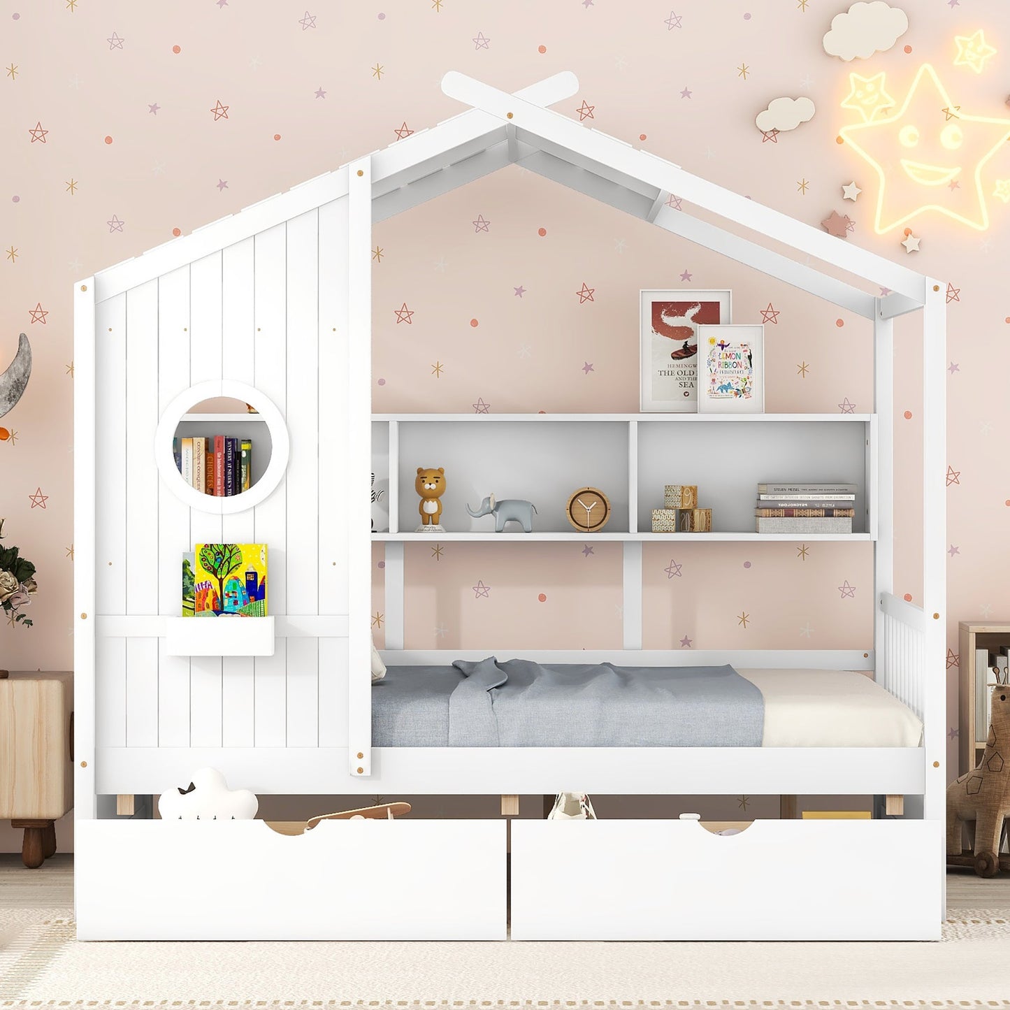 Wooden Full Size House Bed with 2 Drawers,Kids Bed with Storage Shelf, White(Old SKU: HL000052AAK)