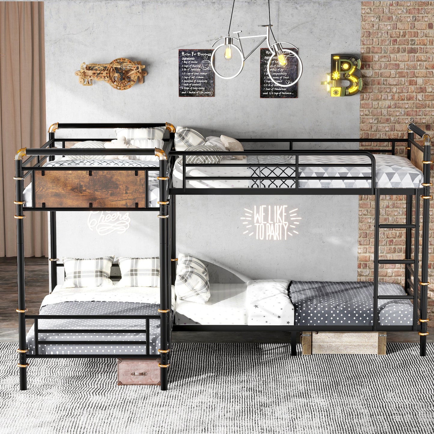 Quad Bunk Bed for 4 Kids, Heavy Duty Metal Twin Bunk Bed Frame, Detachable Triple Bunk Bed, Can Be Divided Into 3 Twin Beds, Black (Old SKU W2580S00015)