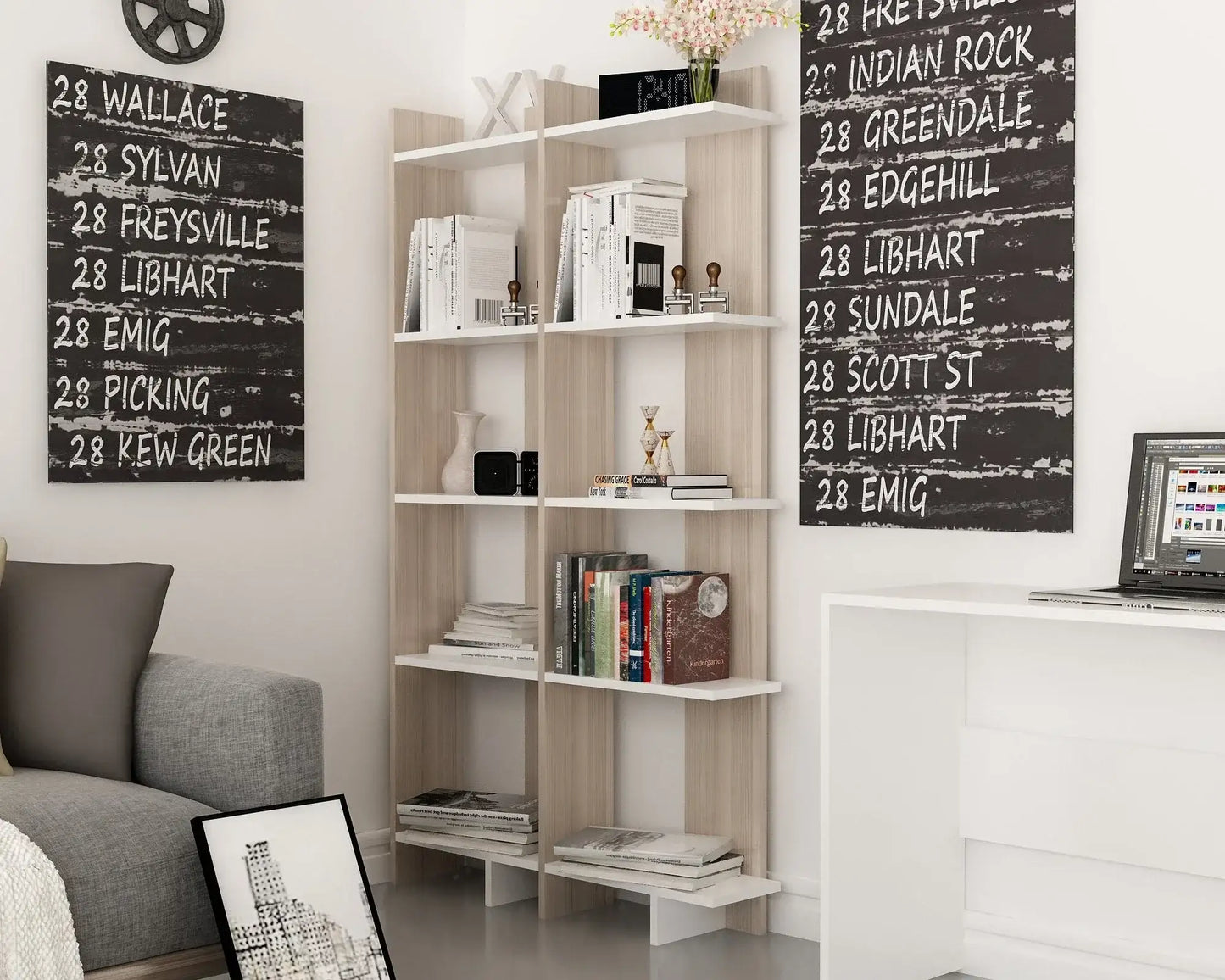 Alice 67” Corner Bookcase – 5-Tier Narrow L-Shaped Wall-Mounted Corner Bookshelf