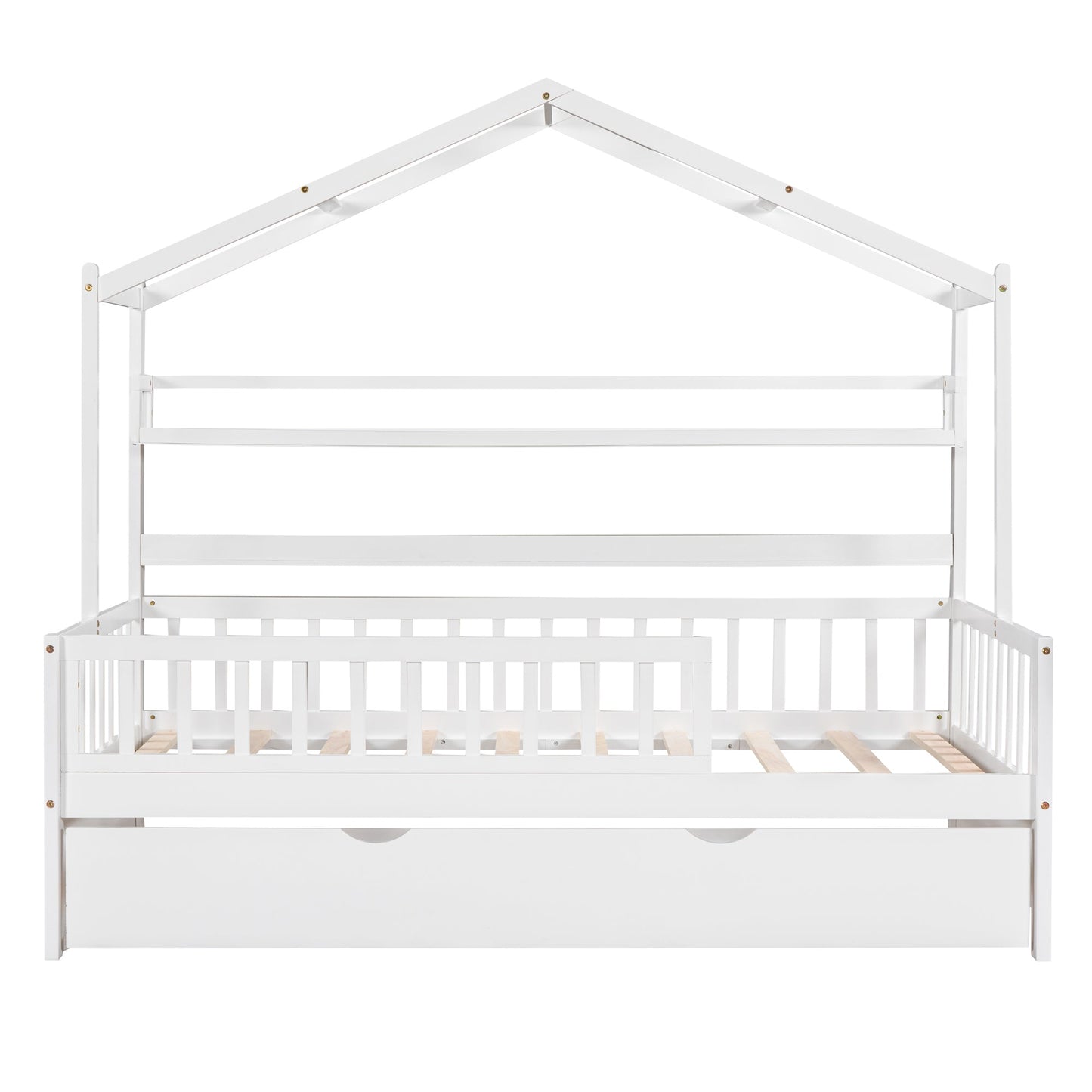Wooden Twin Size House Bed with Trundle,Kids Bed with Shelf, White(Old SKU:WF301682AAK)
