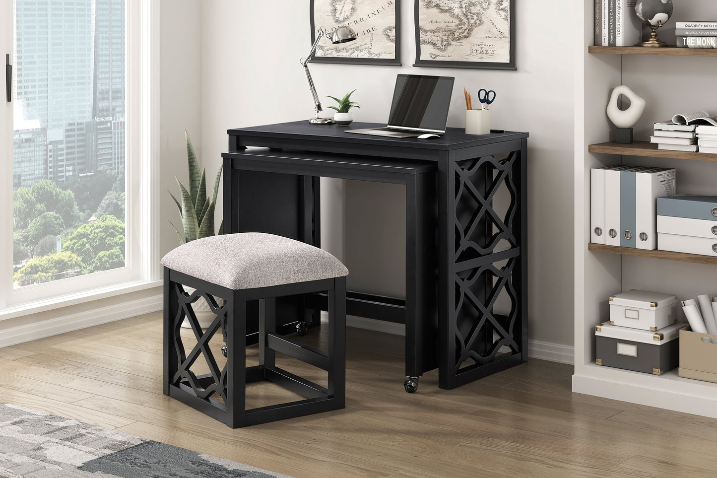 Desks and Stool Set 3pc Black Finish Rolling Desk with Casters, 2 Charging ports Home Office Furniture