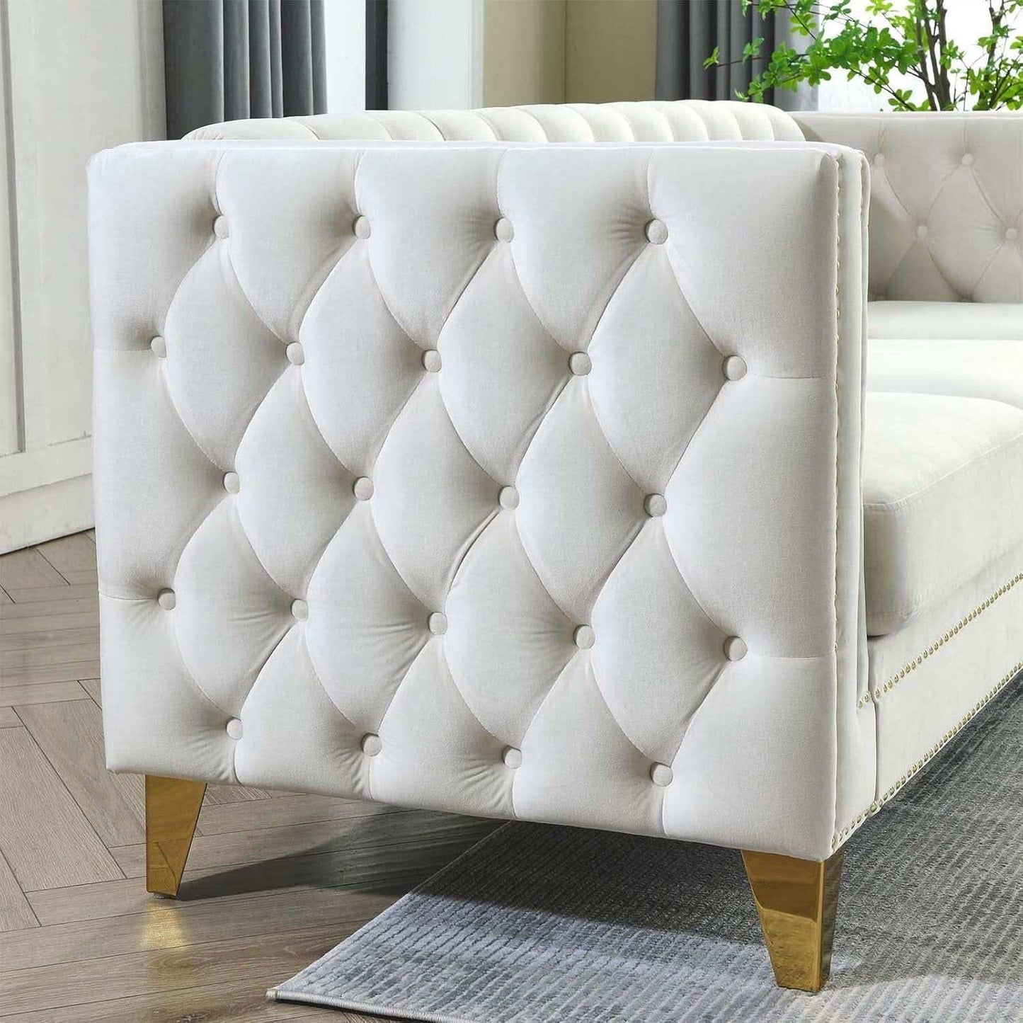 Velvet Beige 80-Inch Sofa Set With 58-Inch Loveseat And Gold Nail Heads