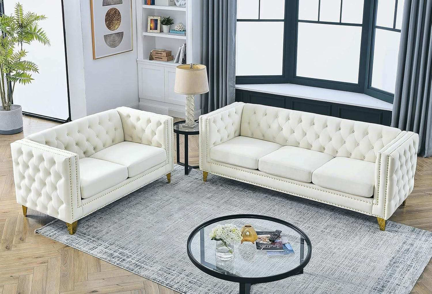 Velvet Beige 80-Inch Sofa Set With 58-Inch Loveseat And Gold Nail Heads