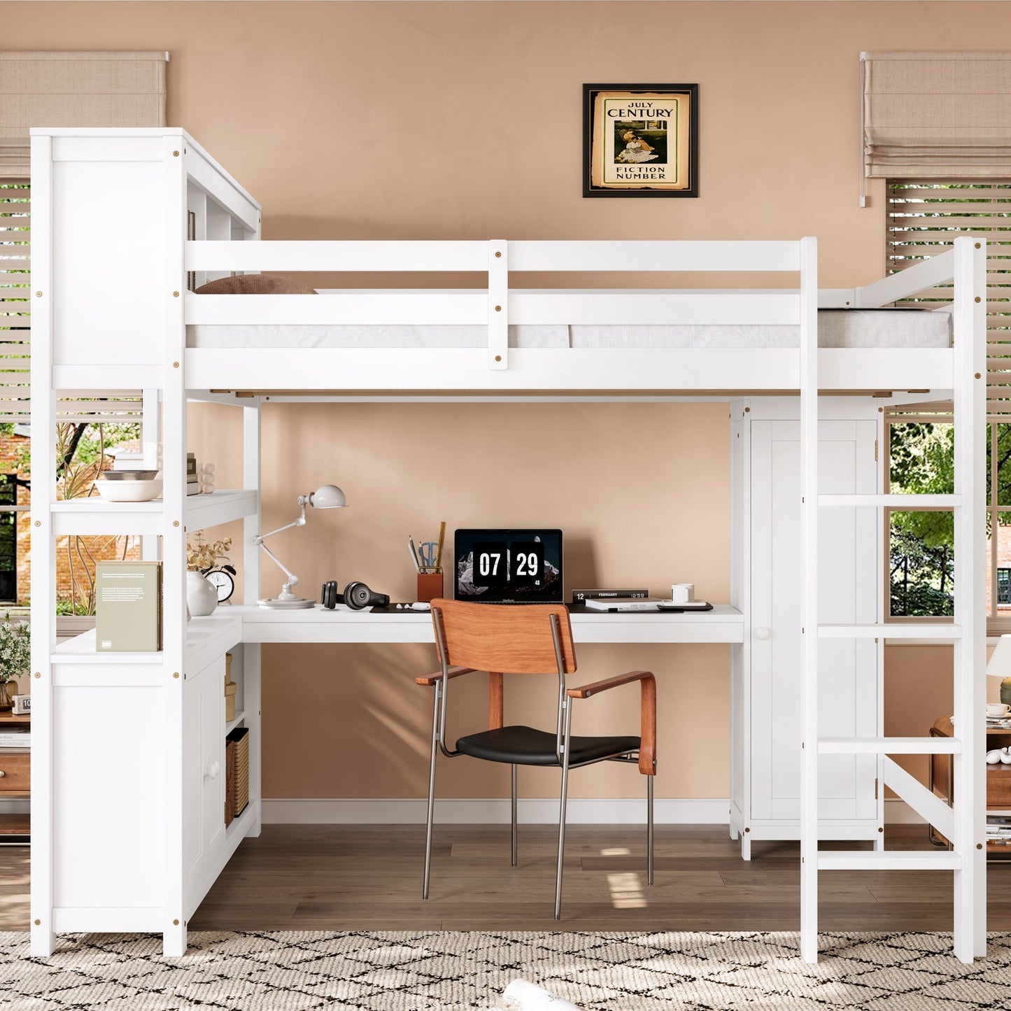 Wood Loft Bed with Cabinet and Bookshelf, Queen Size Loft with Wardrobe and Desk for Kids,White