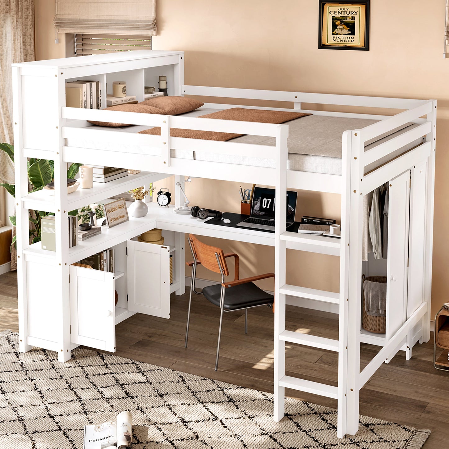 Wood Loft Bed with Cabinet and Bookshelf, Queen Size Loft with Wardrobe and Desk for Kids,White